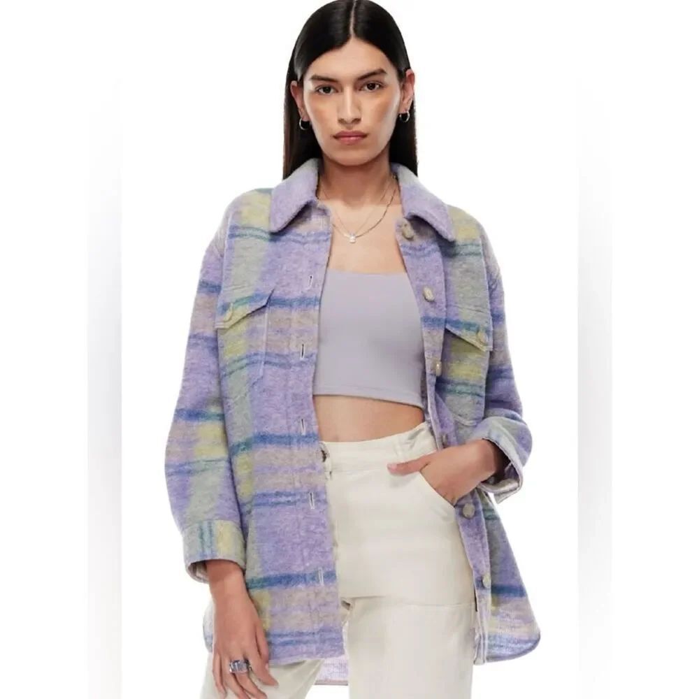 Aritzia Wilfred Free "The Ganna" Wool Shirt Jacket Plaid Size XS
